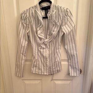 Blue, White, Silver Ruffled V-neck Collar Blouse